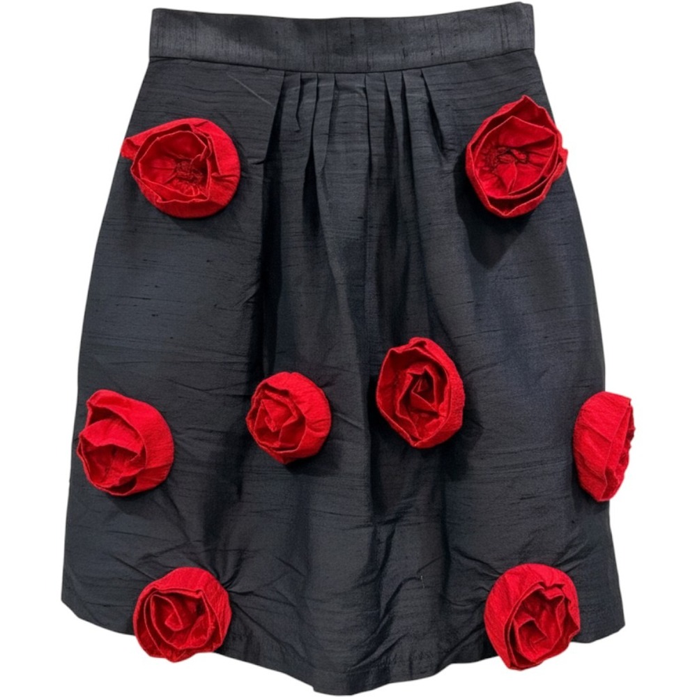 VTG Rachel & Co Womens 6 Silk Mini Skirt Black 3D Rose Applique Pleated Designer